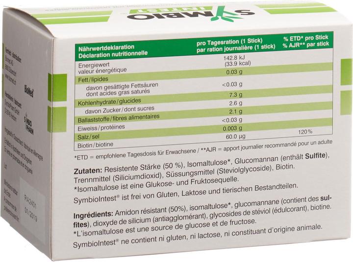 Nutritional values and ingredients Symbio Dietary fiber supplement 30 sticks (1 Piece, Pen, 384 g)