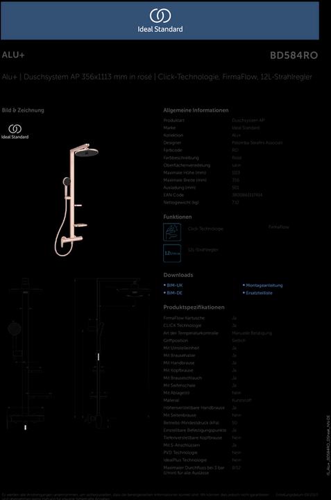 Produktbild Ideal Standard Duschsystem Alu+: Ceraflow Brausearmatur 2 Ablagen, 2F-Handbrause, 2F-Kopfbrause