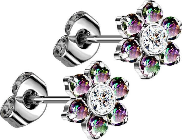 Produktbild Star Piercing Threadless Ohrstecker silber Blume Kristalle dunkel multicolor (ohne MessingTitan G23, Chirurgenstahl 316Lohne MessingMineralisch)