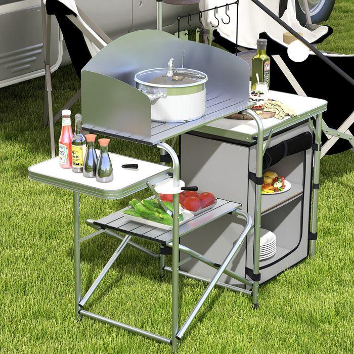 Immagine prodotto Swisshandel24 Cucina da campeggio, pieghevole, 3 piani di lavoro, frangivento, armadio in tessuto, 144x48x119cm