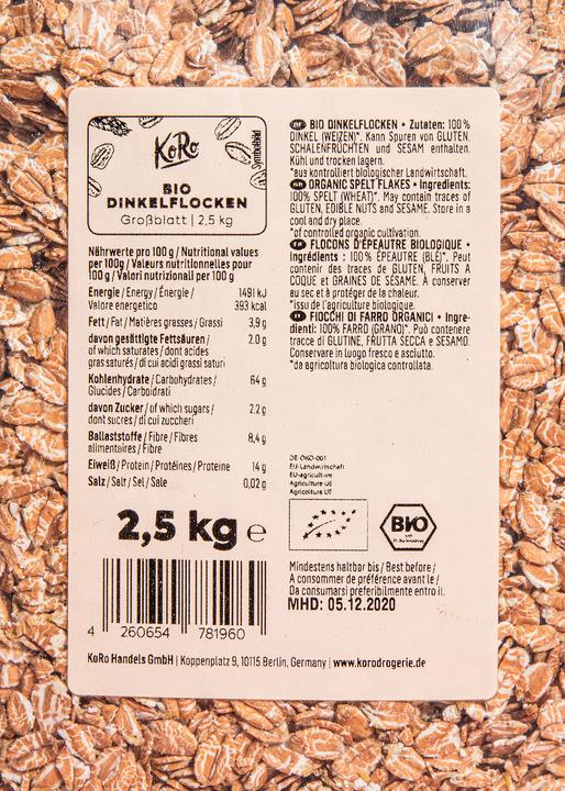 Valeurs nutritives et ingrédients KoRo Flocons d'épeautre bio grande feuille (2500 g)