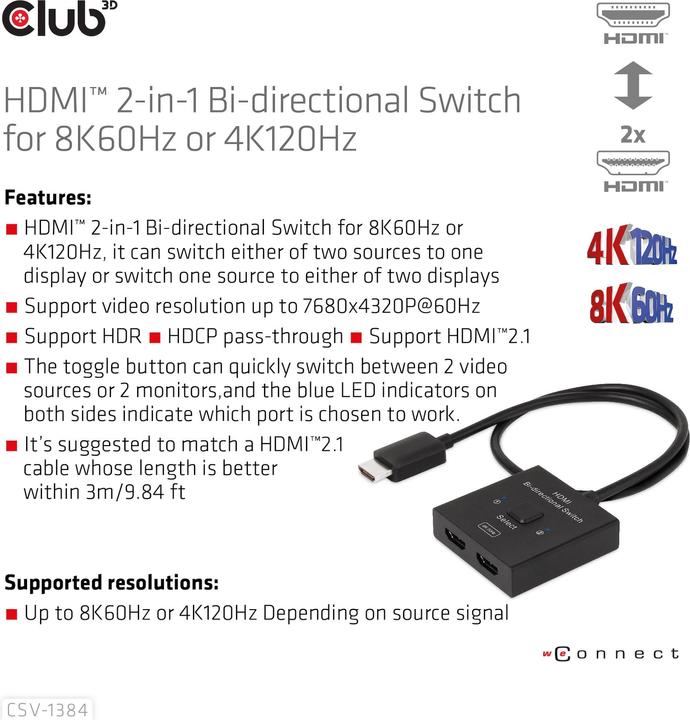 Immagine prodotto Club 3D Club3D Switch HDMI 2-in-1 bidirezionale 8K60Hz/4K120Hz UHD al dettaglio