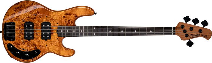 Produktbild by Music Man StingRay Ray34 HH Poplar Burl Amber elektrische basgitaar met deluxe gigbag (E-Bass, Maple, Ahorn, Poplar)