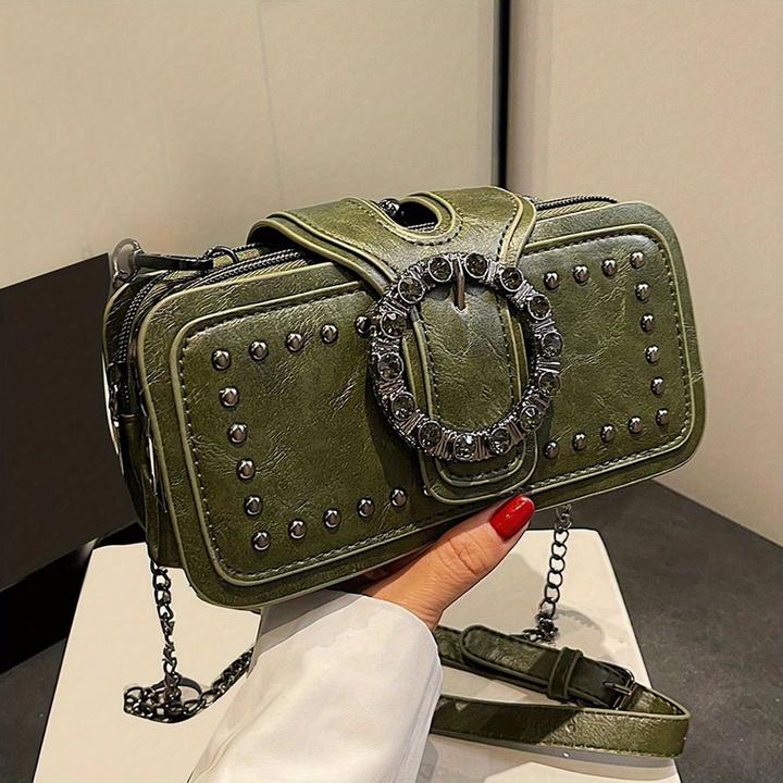 Immagine prodotto Only-Bags.Store Mode Retro-Kupplungstasche Nieten-Motorradtasche Ketten-Umhängetasche Schwarze Handytasche