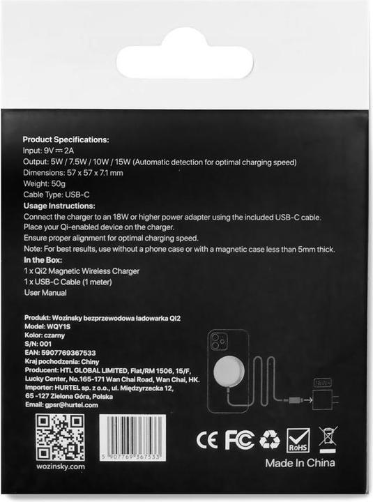 Image du produit Wozinsky 15W Kabelloses Qi2 Induktives Ladegerät - Schwarz (15 W)