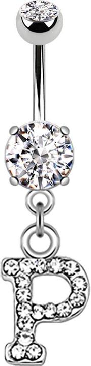 Star Piercing Banane silber mit Anhänger Kristall Buchstabe P (Messing, Chirurgenstahl 316L)