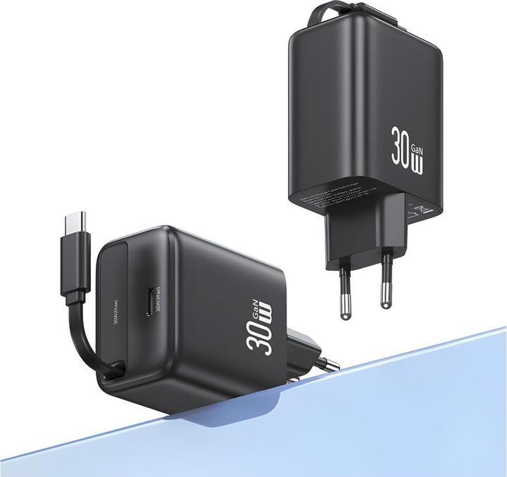 Immagine prodotto Usams Ład. siec. 1xUSB-C ze zwijanym kablem USB-C Retractable PD+QC 30W Gan Fast Charging czarny/bla (30 W)