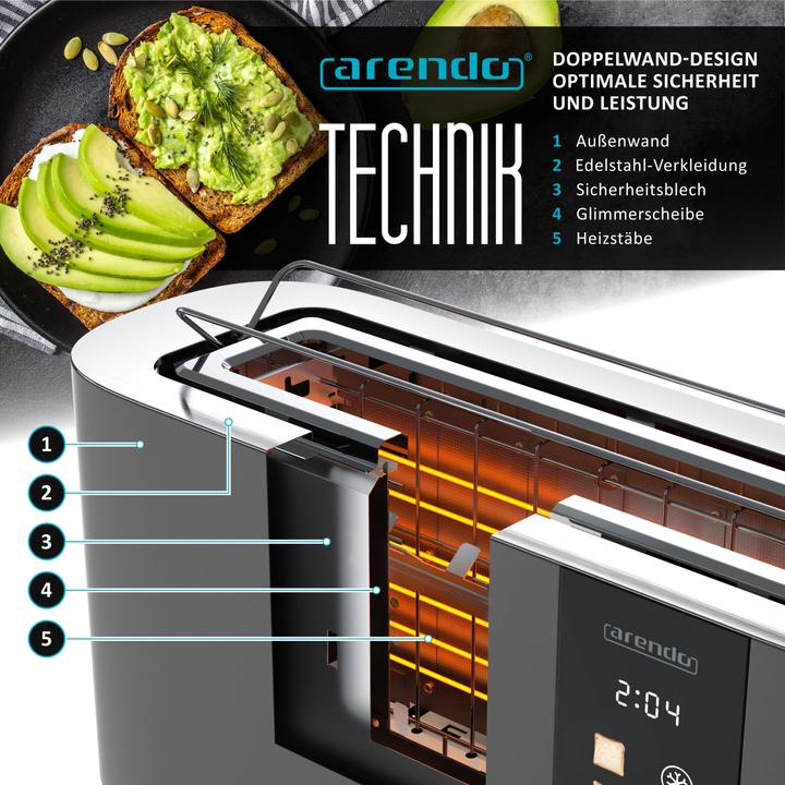 Image du produit Arendo Toaster Edelstahl 2 Scheiben Langschlitz, Restzeit & Bräunungsgradanzeige, Touch Display, 1000 W (Prise UE)