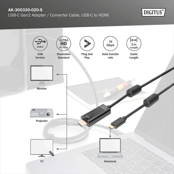 Produktbild Digitus USB Typ C — HDMI (Typ A) (2 m, HDMI)