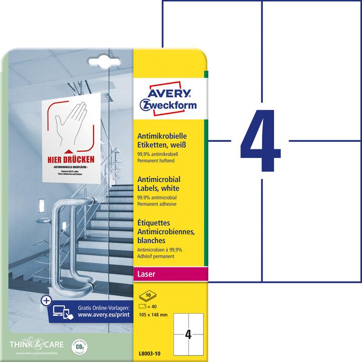 Actual product image Avery AVZ L8003-10 Antimicrobial labels 105x148mm weiss