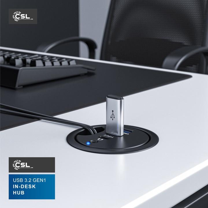 Immagine prodotto CSL Multi hub per l'ingresso dei cavi da scrivania: 2x USB 3.2 Gen1, 1x USB-C, 1x audio da 3,5mm, presa (USB-A, 4 Porti)