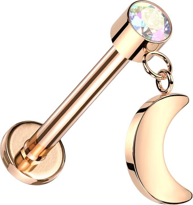 Produktbild Star Piercing Micro Threadless Labret rosegold Zylinder rosegold Kristall multicolor Anhänger Mond rosegold (Titan G23, ohne Messing)