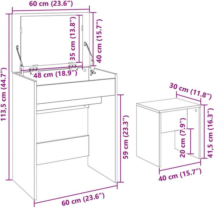 Actual product image VidaXL Dressing table with stool 60 x 40 x 113.5 cm (60 x 40 x 75 cm)