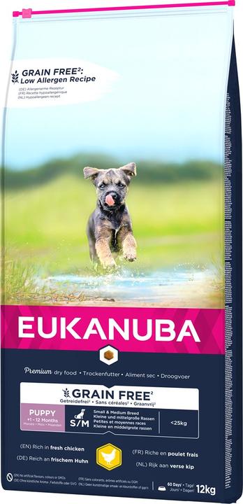Produktbild Eukanuba Grain Free Puppy kleiner/mittlerer Rasse, Huhn - Hundetrockenfutter - 12 kg (Welpe + Kitten, 12000 g)