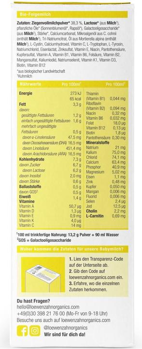 Nährwerte und Zutaten Löwenzahn Organics Bio Folgemilch auf Ziegenmilchbasis (500 g, ab 6 Monaten)