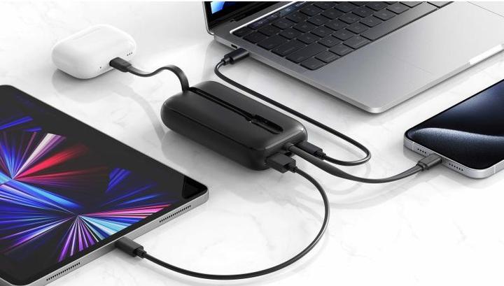 Actual product image Swissten Power Bank Voltbox 35w 10000 Mah with Built-In Cables USB-C and Lightning Black (10000 mAh, 35 W, 35 Wh)