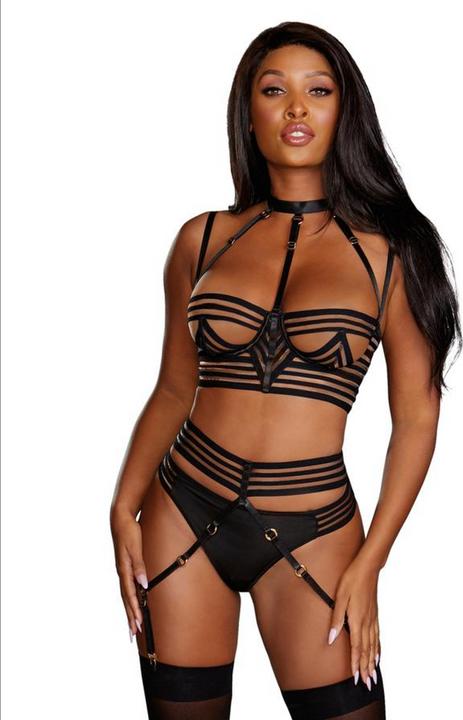 Produktbild Dreamgirl Sheer Striped Bra, Garter Belt & G-String Set (S)