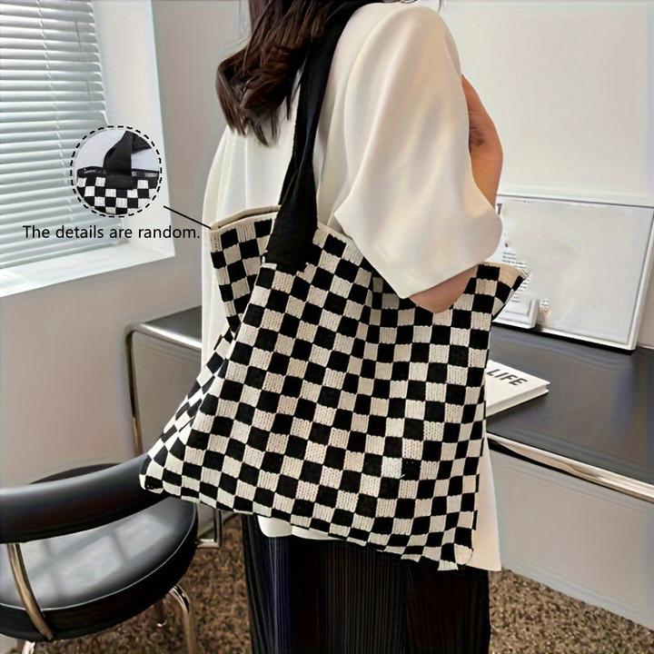 Actual product image Only-Bags.Store Plaid Knitted Shoulder Bag, Trendy Plaid Pattern Tote Bag, Large Capacity Handbag for