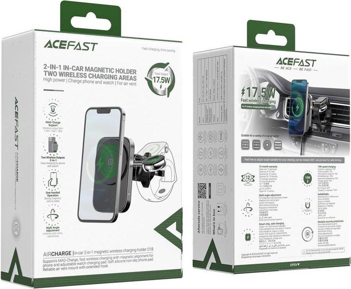 Actual product image Acefast D18 car holder with MagSafe / Qi inductive charger + USB-A USB-C cable - black