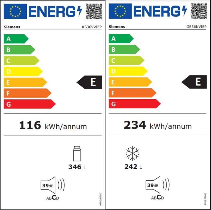 Label énergétique Siemens KA95NVIEP Kühlkombi Side-by-Side (588 l)
