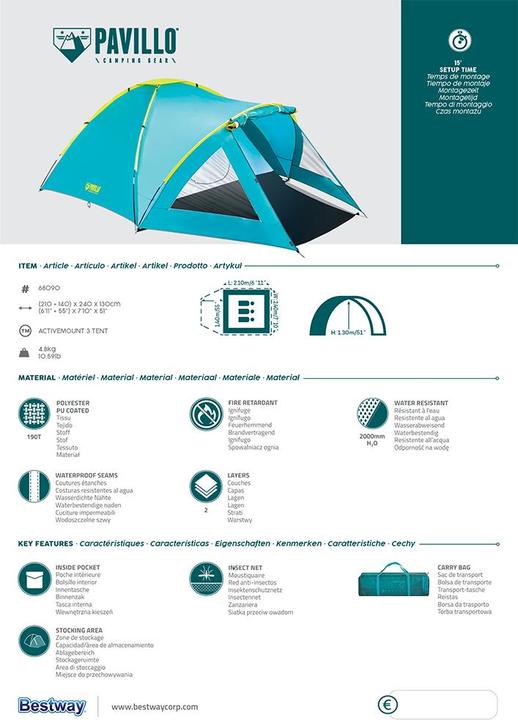 Immagine prodotto Bestway Tenda Pavillo Active Mount 4 (Tenda a cupola, 4.80 kg, 3 persone)