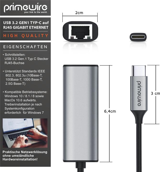 Produktbild Primewire Netzwerkadapter USB 3.2 Typ C zu RJ45 Buchse LAN Adapter, Netzwerk Adapter 2500Mbps Gigabit Ethernet (USB-C 3.2 Gen 1, RJ45 2.5 Gigabit Ethernet (1x))