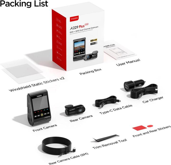 Produktbild Viofo A229 Plus 2CH - Dual dashcam (Eingebautes Mikrofon, GPS-Empfänger, Eingebautes Display, Bluetooth, Beschleunigungssensor, Nachtsicht, 2K)