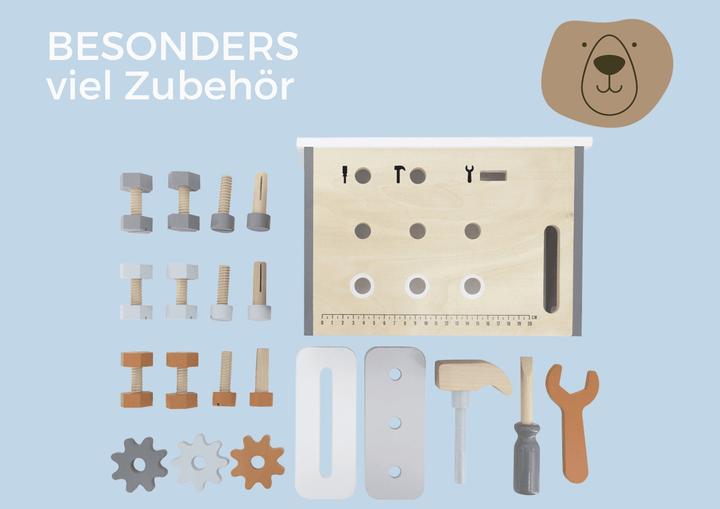 Actual product image Activity Board Wooden workbench, toolbox with name, wooden toy boy, christening gift boy