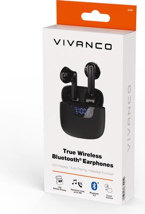 Produktbild Vivanco TWS Bluetooth Kophoerer mit LED-Display Case, schwarz (20 h, Kabelgebunden)