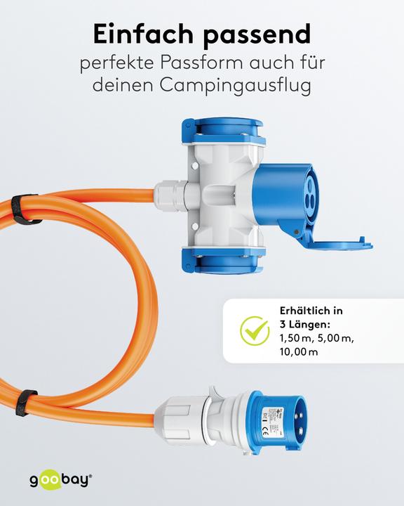 Produktbild Goobay CEE-Adapterleitung, CEE-Stecker auf 1x CEE-Kupplung und 2x Schutzkontakt-Kupplung, 10 m (10 m, CEE 7/3)