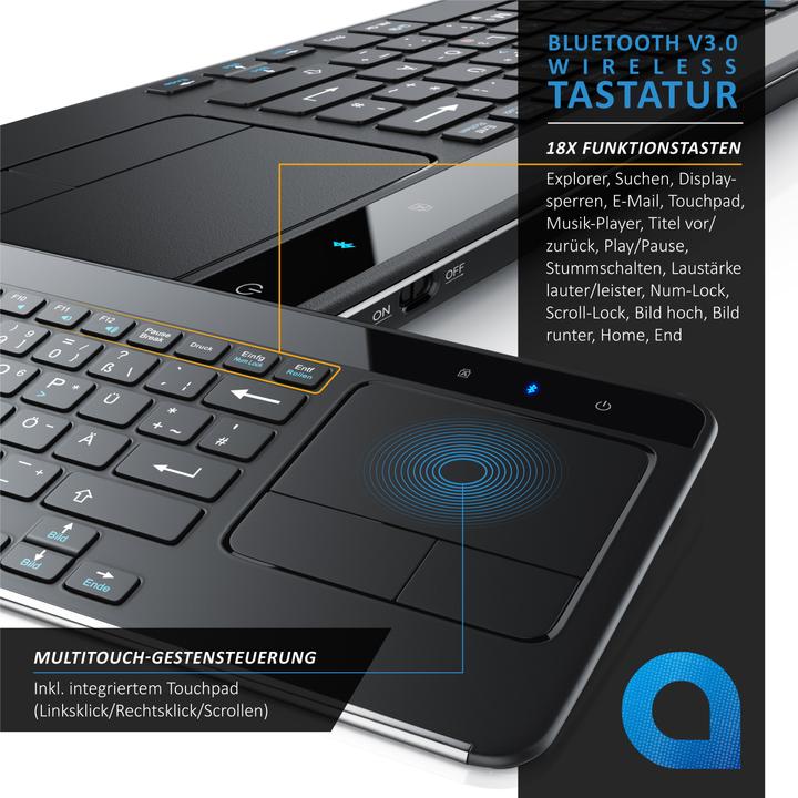 Produktbild Aplic Wireless Tastatur, Slim Bluetooth Keyboard mit Touchpad & Multitouch Gestensteuerung (DE, Kabellos)