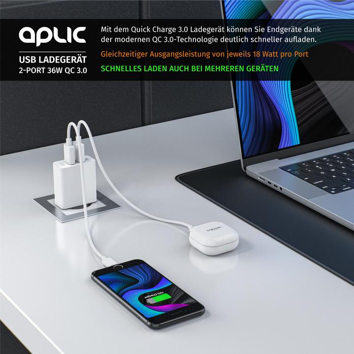 Produktbild Aplic USB Ladegerät, 2-Port Quick Charge USB Ladegerät 36 W / 6000 mA / Schnellladefunktion, weiss (36 W)