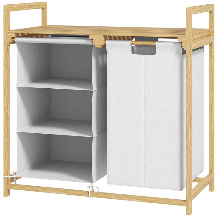 Actual product image Swisshandel24 Wäschekorb 4 Fächer Wäschesammler mit 2 ausziehbaren Wäschesäcken Weiss (83 l)