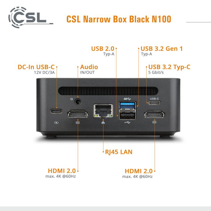 Produktbild CSL Narrow Box Black (Intel N100, 8000 GB, 4000 GB, Intel UHD Graphics)