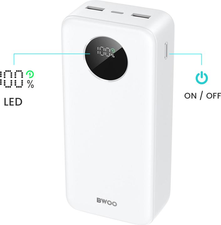 Actual product image Bwoo 22,5W 30000 mAh power bank with LCD screen, white (30000 mAh, 20 W)
