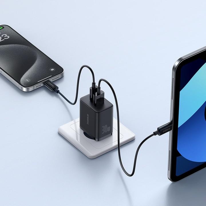 Actual product image Baseus Cube, 30W, 2.4A, 1 x USB-A - 1 x USB-C, black (30 W)