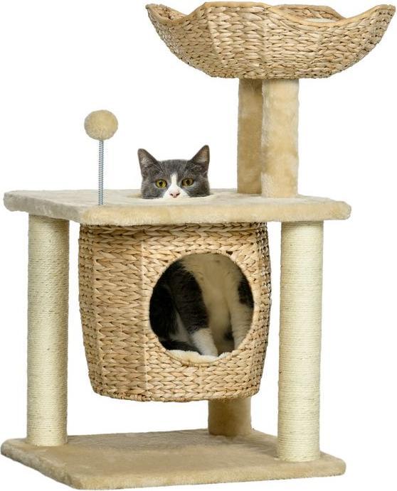 Immagine prodotto Swisshandel24 Tiragraffi piccolo, 74 cm con grotta per gatti, palla da gioco, con letto, fino a 5 kg, beige (74 cm, Beige)