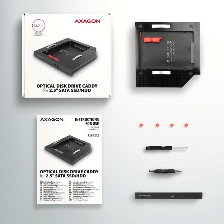 Produktbild Axagon RSS-CD12 2,5 Zoll SSD/HDD Adapter für optisches Laufwerk, 12,7 mm, LED