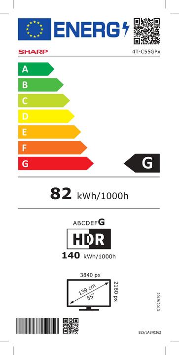 Energie-Label Sharp 55GP6260E, 139,7 cm (55"), 3840 x 2160 Pixel, LED, Smart-TV, WLAN, Schwarz, Silber (55", LED, UHD)