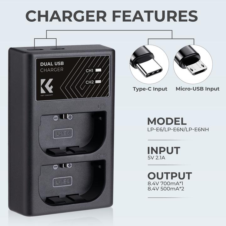 Produktbild K&F Concept LPE6NH Digital Camera LED Dual Channel Charger with Type C Charging Cable (Kamera Akku Ladegerät)