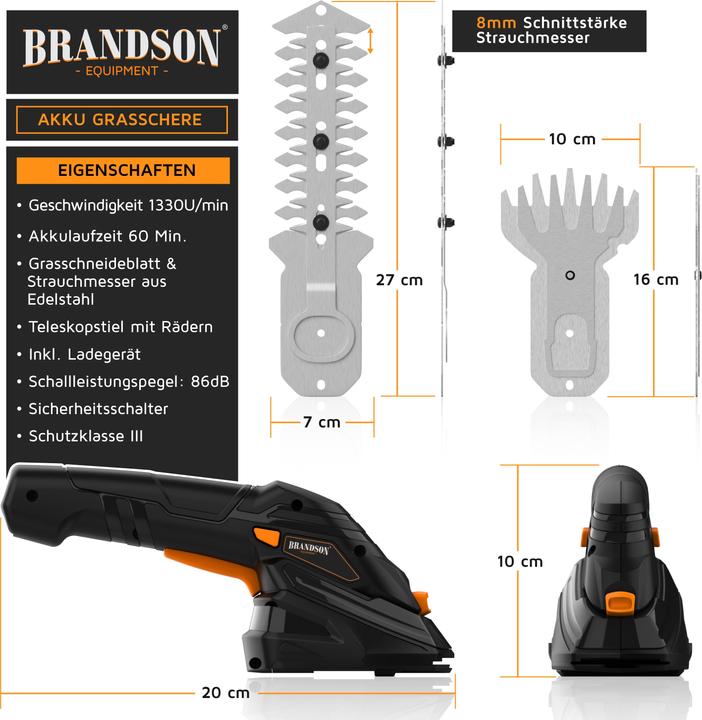 Produktbild Brandson Akku Grasschere, elektrische Garten Strauchschere, Teleskopstange 90-130 cm mit Rädern, Rasenschere (Akkuheckenschere)