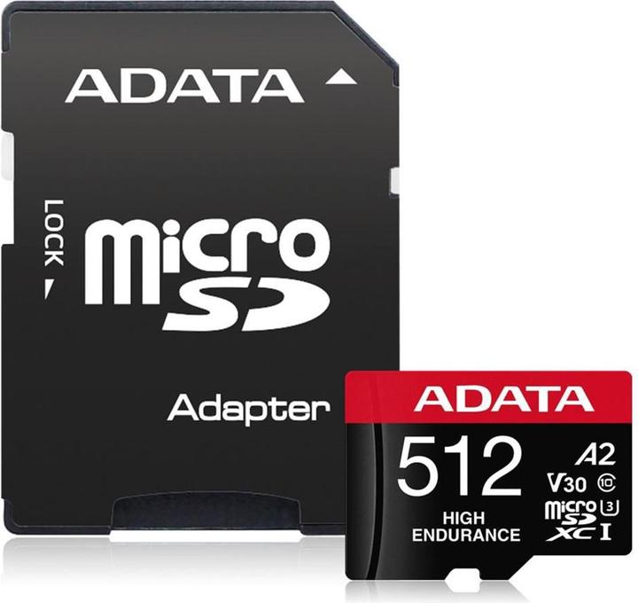 Adata High Endurance 512 GB microSDXC (UHS-I U3, Class 10, V30, A2) (512 GB, microSDXC, U3, UHS-I)