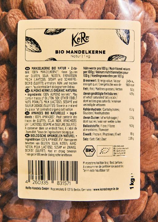 Nährwerte und Zutaten KoRo Bio ganze Mandelkerne ungeschält (1000 g)