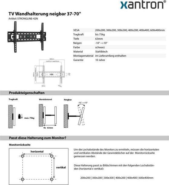 Actual product image Xantron TV wall mount tiltable (Wall, 70", 75 kg)