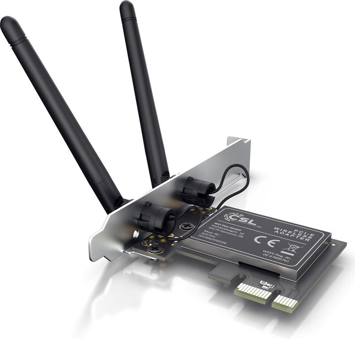 Produktbild CSL WLAN Netzwerkkarte 2,4 Ghz PCIe, 300 Mbit/s WiFi Adapter Karte mit 2x Externen Antennen (Mini PCI Express)