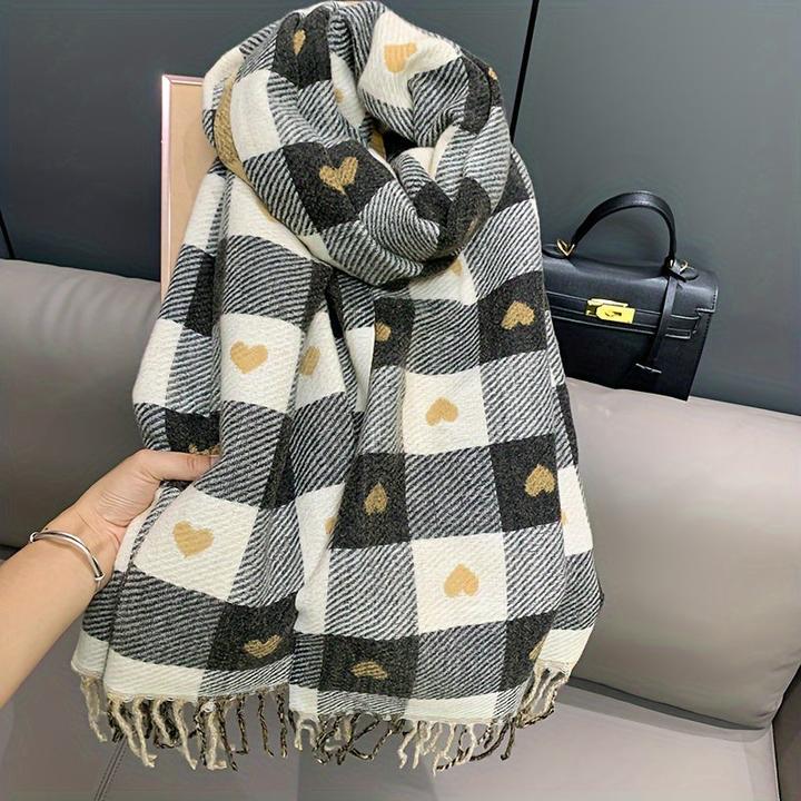 Only-Bags.Store Doppelseitiges Herzmuster Schal, Winter Plaid Warm Neck Wrap, Cozy Schal für Herbst & Winter
