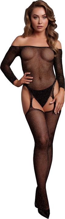 Actual product image Le Désir Shimmering Off the Shoulder Bodystocking - One Size - Black/Gold Glitter (One size)