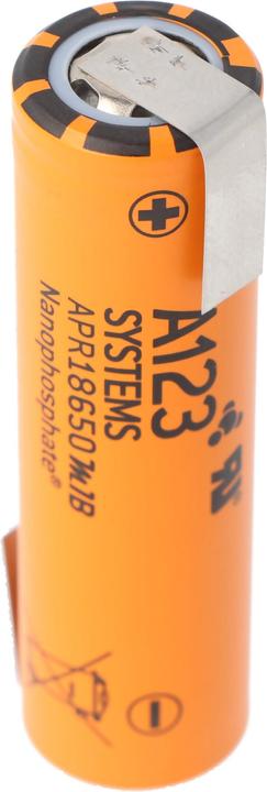 Actual product image A123 Systems A123 APR18650M-A1 1100mAh 3.3V LiFePo4 battery with solder tag Z-shape 64.95x18.2mm (1 pcs., 1100 mAh)