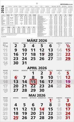Produktbild Neumann 3-Monatskalender schwarz/rot 2026 - 29,7x48,8 - mit Kopftafel - Datumsschieber - 956-0000 (Harter Einband, Deutsch)