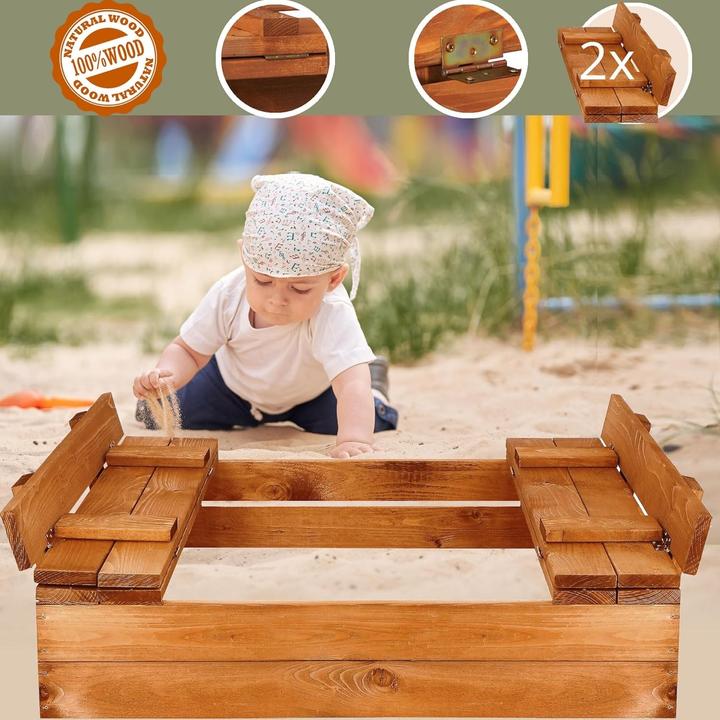 Immagine prodotto Milkii Sandkasten für Kinder aus Holz mit Abdeckung / Sitzbänke, 98 x 98 cm